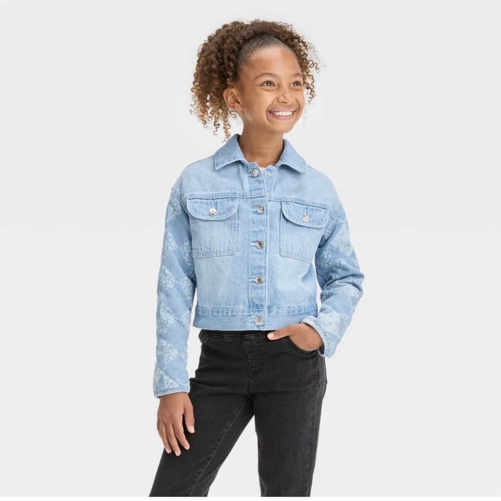 Girls' Quilted Sleeve Jean Jacket - Cat & Jack Light Wash 14. New With Tags